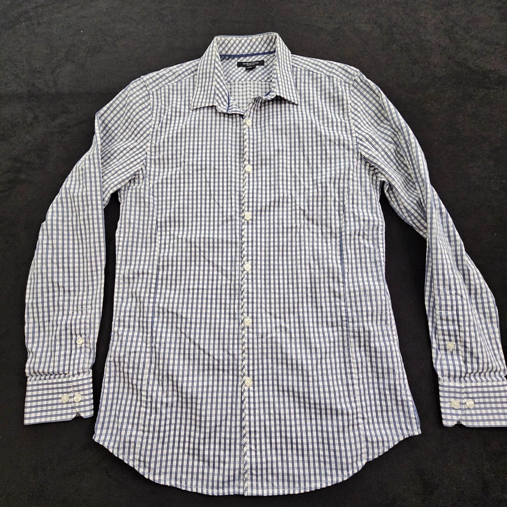 Structure White Checked Long Sleeve Slim-Fit Button-Up Cotton Shirt Men's M